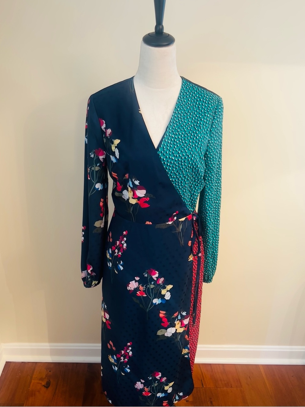 Ted Baker Mixed-Print Wrap Dress in Navy, Teal and Red- EUC